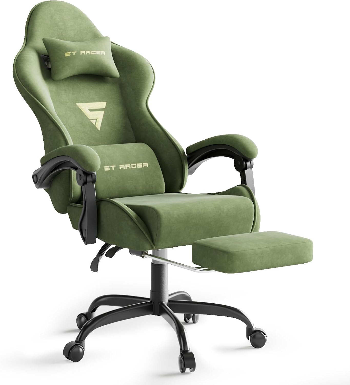 Ergonomic Office Chair - 大人用ゲーミングチェア、フットレスト付きマッサージ機能と腰当てクッションを備えたオフィスチェア、ベルベット生地を使用したリクライニング式ビデオゲームチェア、人間工学に基づいた高さ調節可能なコンピューターチェア、自宅でのストリーミングに最適、グリーン