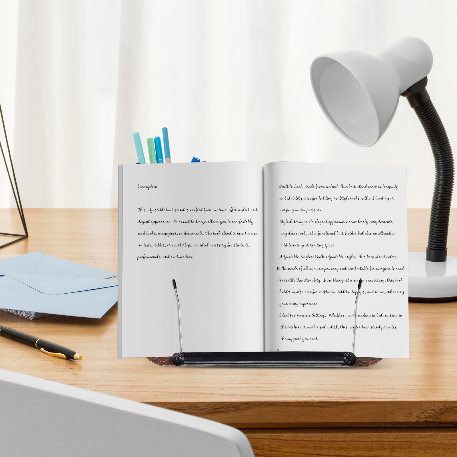 Document Holder Stand - 読書用の角度調整可能なウォールナット製ブックスタンド。13段階の角度調整が可能で、洗練された木製のデザイン。デスクやオフィス、図書館での使用に最適。