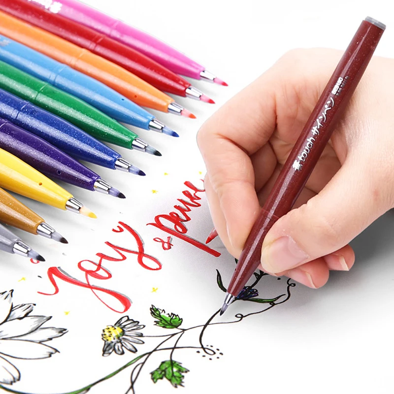 Pentel Pen Sign Pen - 12色 日本製 ペンテル タッチブラシペンセット。カラーペン、カリグラフィーペン、レタリングペン、ジャーナル用フェルトペン、サインペン。