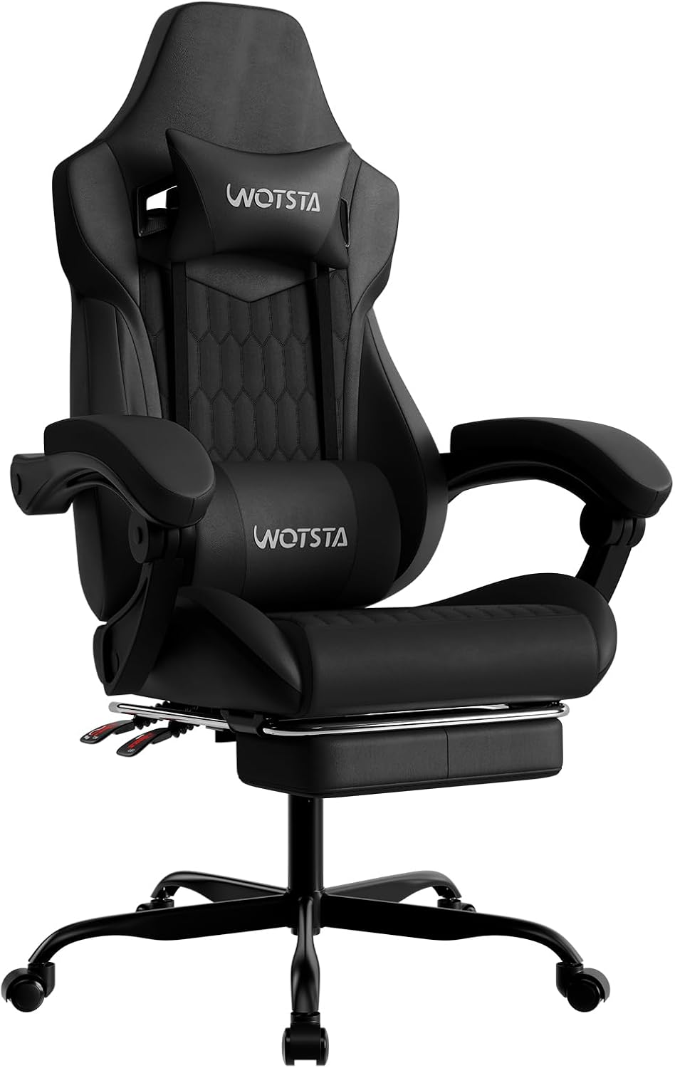 Ergonomic Office Chair - フットレスト付きゲーミングチェア、高背もたれゲーミングチェア、PVCレザー製、人間工学に基づいたデザイン、調整可能なヘッドレストとランバーサポート付き、レーシングスタイル、オフィスや家庭用ビデオゲームチェア（ブラック）