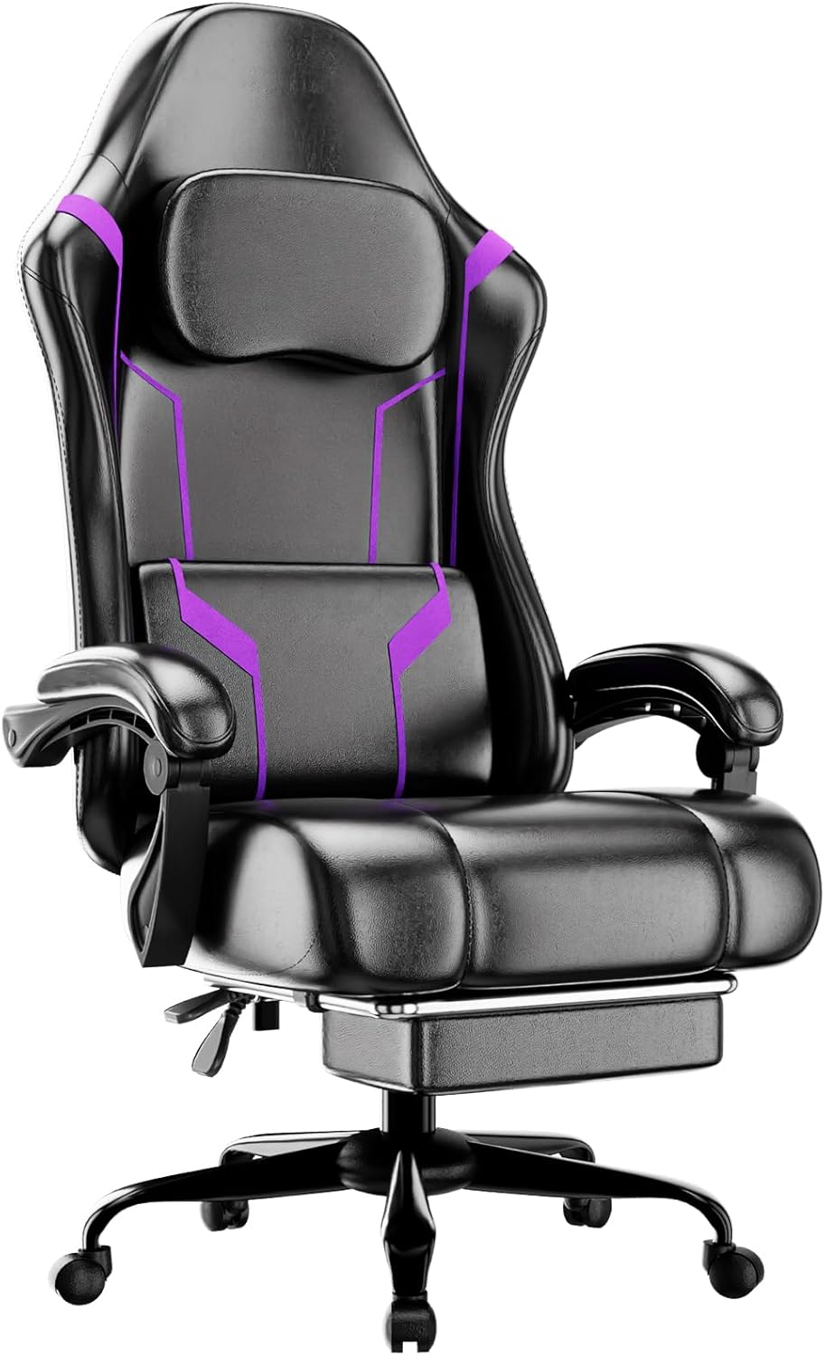 Ergonomic Office Chair - ポケットスプリングクッションとフットレスト付き人間工学に基づいたゲーミングチェア、高さ調節可能な回転式コンピューターチェア、ホームオフィス用、パープル