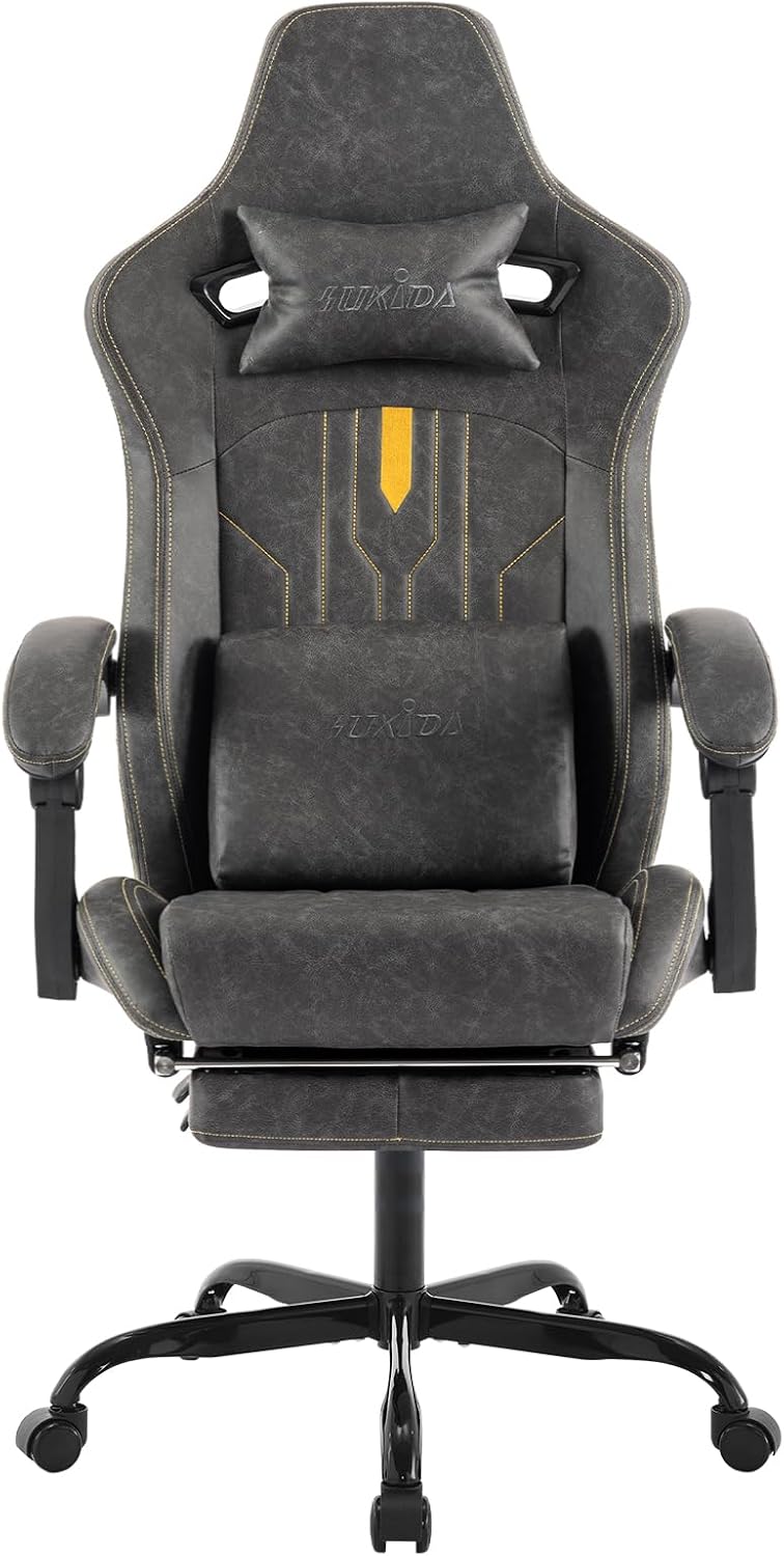 Ergonomic Office Chair - フットレスト付きゲーミングチェア、人間工学に基づいたコンピューターチェア、マッサージ機能付きランバーサポートクッション、レーシングビデオゲームチェア、調整可能なロッキング機能付きリクライニングチェア、エグゼクティブオフィスデスクチェア、大人用、PUレザー、グレー。