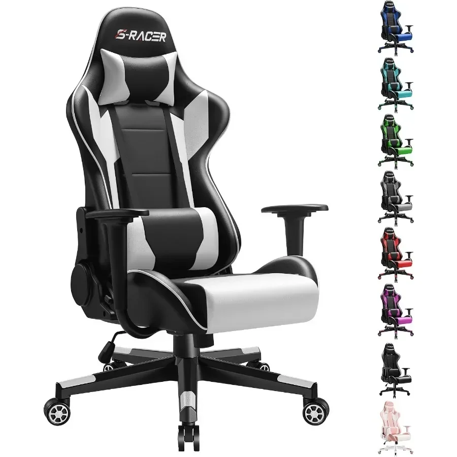 Ergonomic Office Chair - オフィス用ゲーミングチェア、PUレザー、ホワイト、高背もたれ、角度調整可能な回転機能付き、レーシングスタイル、人間工学に基づいたデザイン、ヘッドレスト付き。