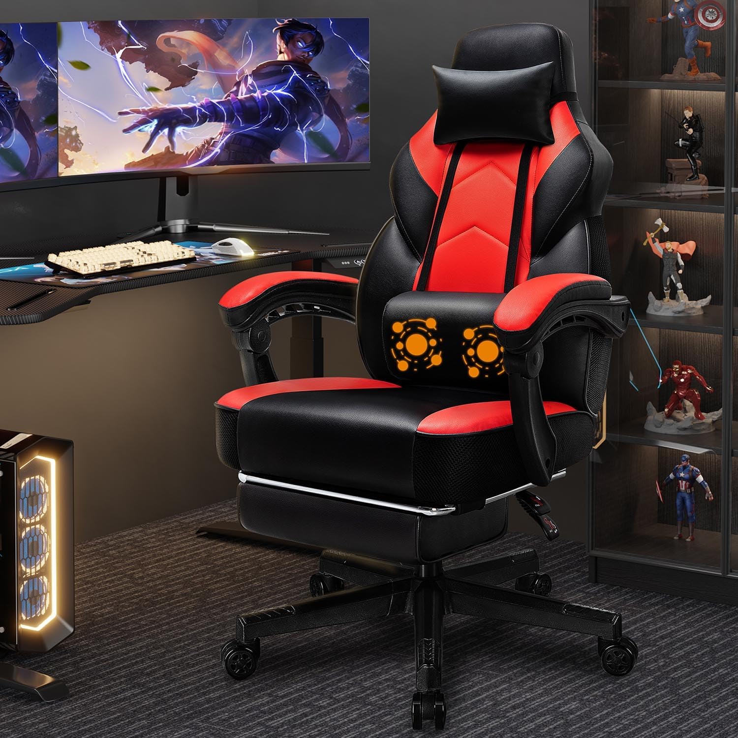 Ergonomic Office Chair - フットレスト付きゲーミングチェア、マッサージランバーサポート、ホームオフィスやレース用に最適な人間工学に基づいたデザイン