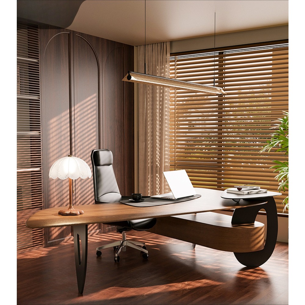 Home Office Work Table - 高級パイン材エグゼクティブデスク、大型一枚板マネージャーオフィスデスク、メタルフレーム付き、ハイエンドモダンホームオフィスワークステーション