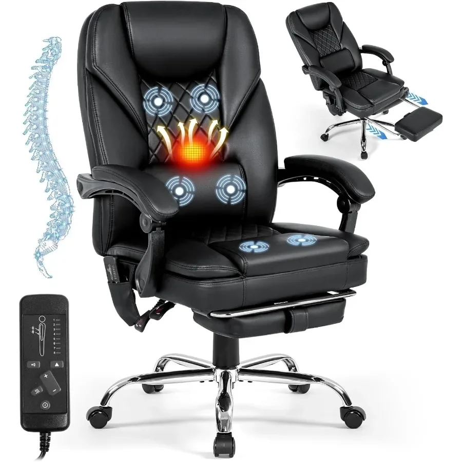 Ergonomic Office Chair - オフィスでの使用に適した、フットレスト付きのヒーター内蔵マッサージチェア。高級レザー素材を使用し、人間工学に基づいた設計で、快適な座り心地を実現。