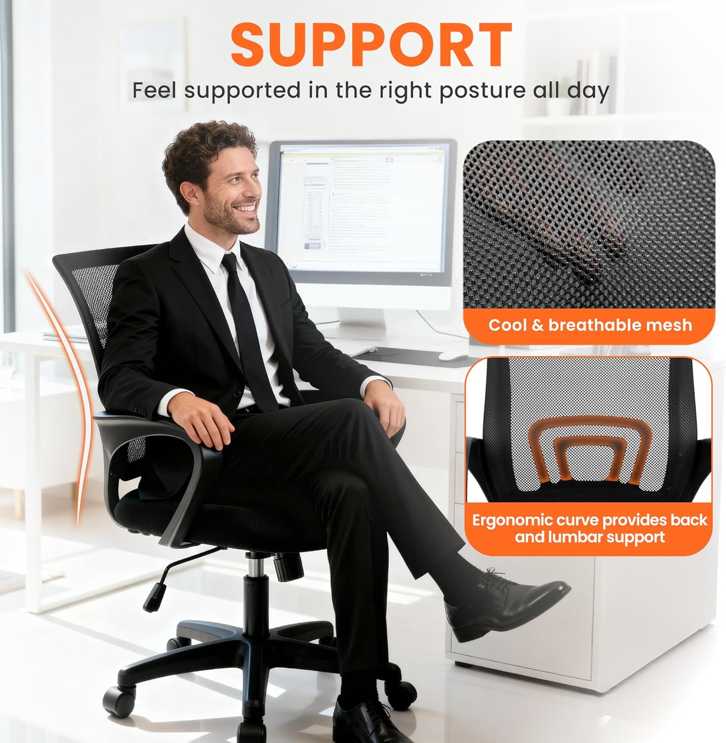 人間工学に基づいたメッシュオフィスチェア、ランバーサポート付 - Ergonomic Office Chair のレビューと価格